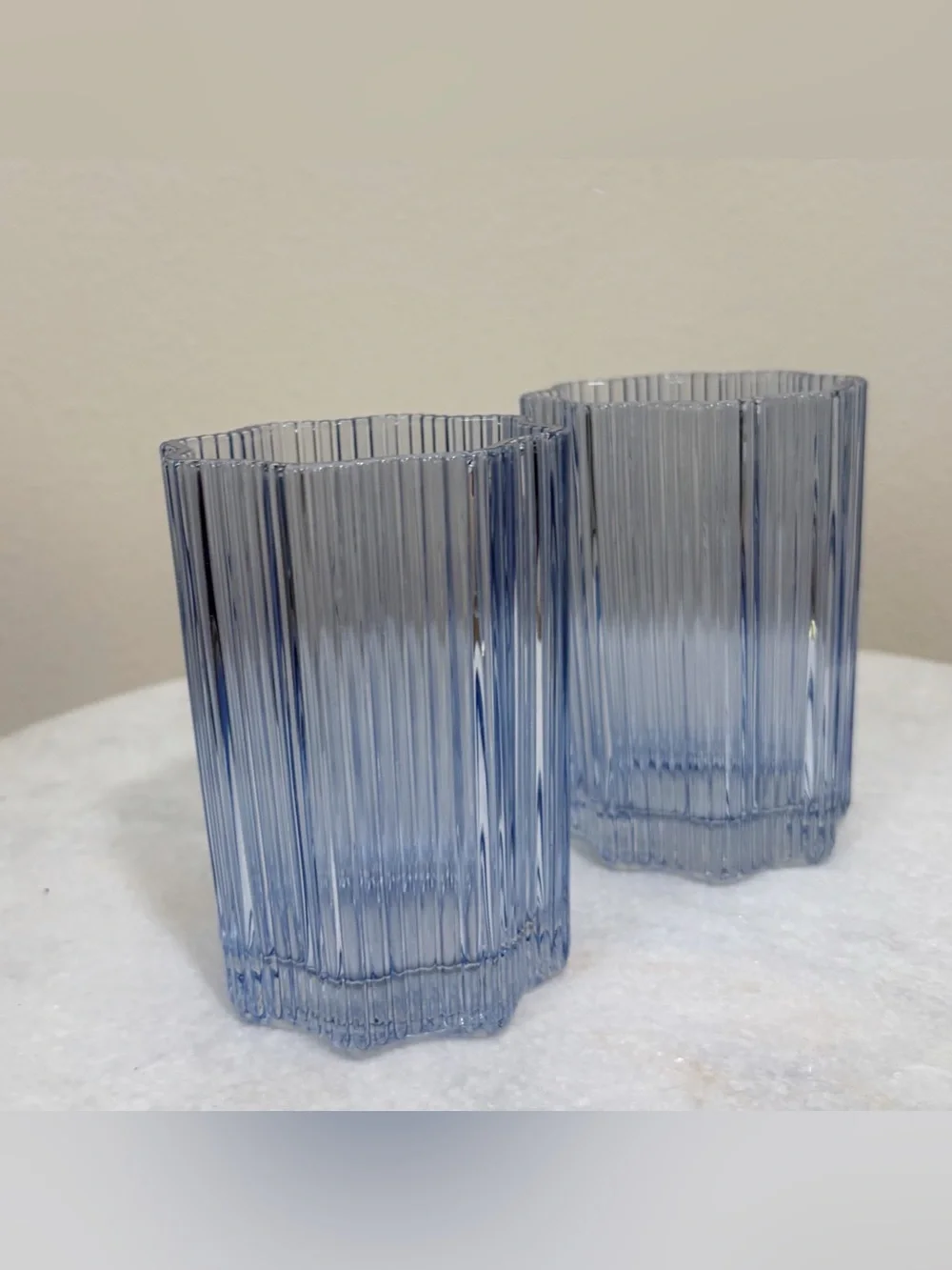 Glass Hause Set of 2 Ribbed Floral Shape Glasses 12 oz Blue